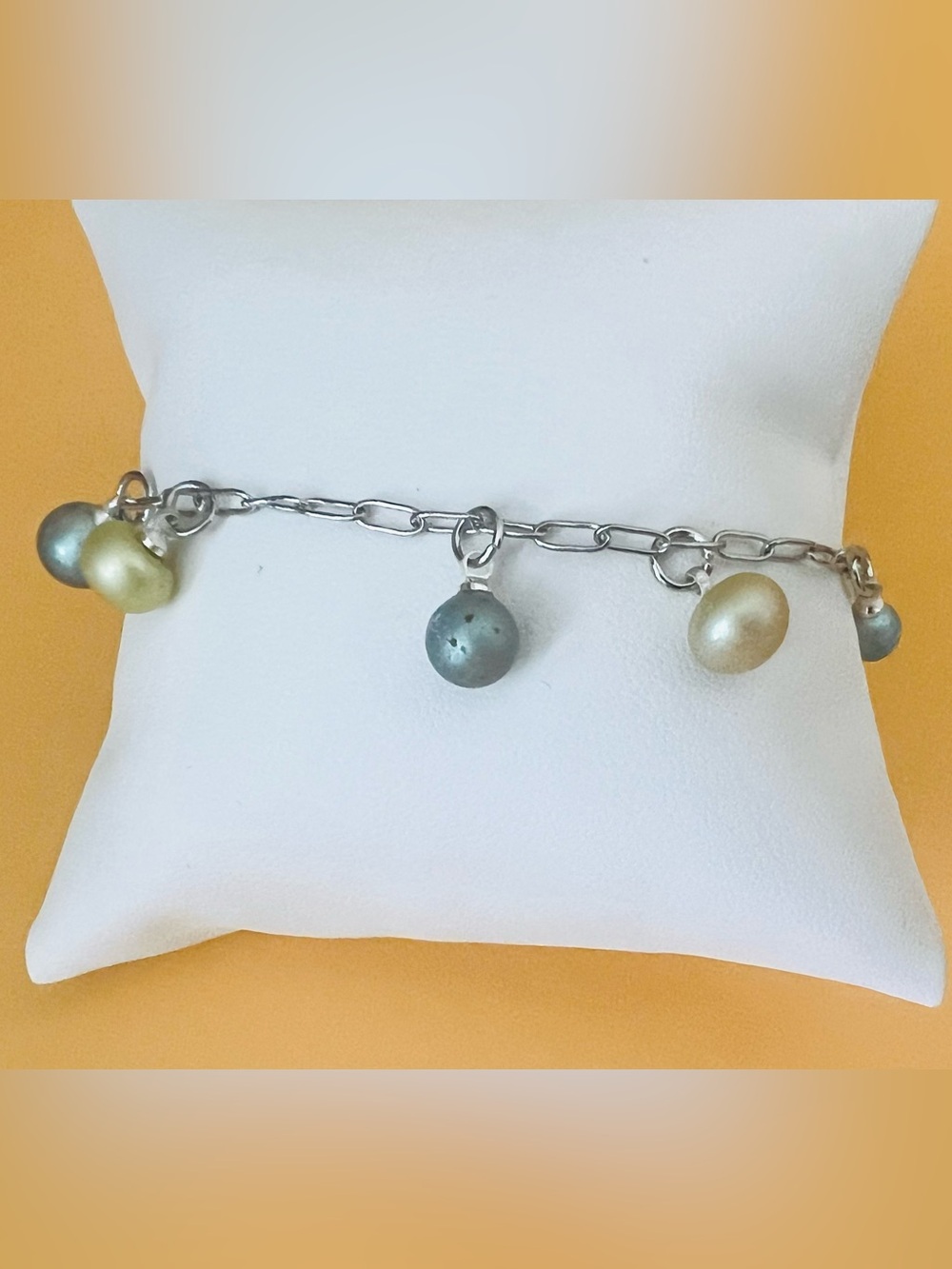 Stainless steel Pearl Charm Bracelet with Blue and Cream Pearls